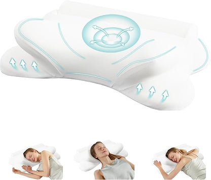 Sweetcrispy Cervical Neck Pillow - Contour Memory Foam Pillow for Neck Pain Relief with Cooling Pillowcase, Ergonomic Orthopedic Support for Side Back Stomach Sleepers, White