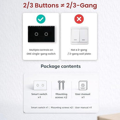 Smart Light Switch,2-Button,Aluminum Frame, Neutral Required,2.4GHz, Tuya Smart Life App,Voice Control,2.5D Curved-Edge Tempered Glass Panel,Black
