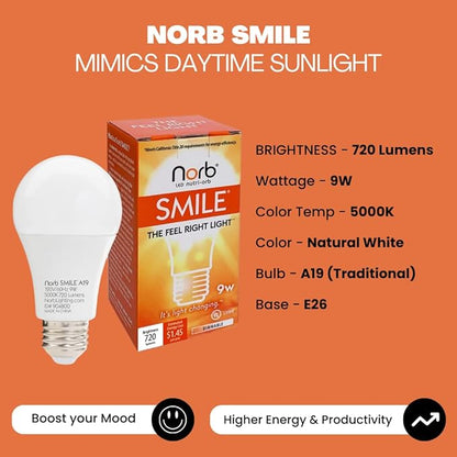 Norb Wellness Lighting Starter Kit, Set of 4 Wellness Light Bulbs, LED Light Therapy for Mood, Migraine Relief, Focus, & Sleep Enhancement, A19, E26, Energy Efficient (4-Pack)