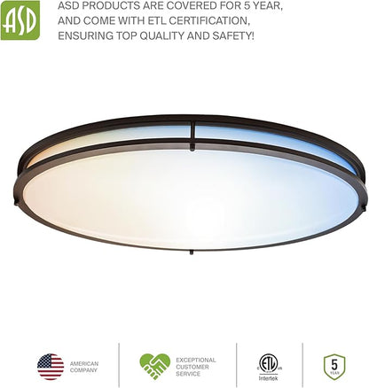 ASD LED 24" Oval Flush Mount Lighting, Close to Ceiling Light Fixture | 5CCT, Dimmable, ETL Listed | 38W 3289LM 2700-5000K 120V | Low Profile Double Ring Lamp | Dark Bronze
