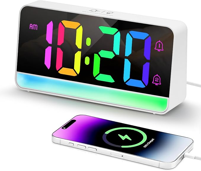 Super Loud Alarm Clock for Heavy Sleepers Adults, Teens, Kids, Digital Alarm Clocks for Bedrooms, White Digital Clock with Adjustable RGB Color/Night Light/Brightness/Dimmer/Volume, USB Port