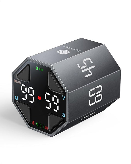 Pomodoro Timer Cube, Custom Pomodoro, Pause & Resume, Silent, Vibrate & Adjustable Sound Alert, for ADHD, Task, Work, Study, 3/5/10/15/30/45/60min & Custom Countdown,Gray