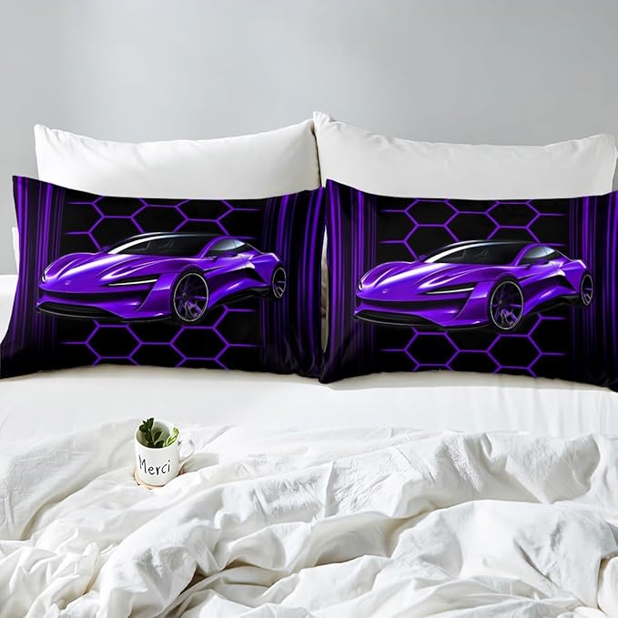 Racing Car Theme Fitted Sheet Neon Lines Honeycomb Geometric Bed Sheet Set for Kids Children Teens Purple Sports Car Bed Cover Toddler Bedroom Decor,Twin Size