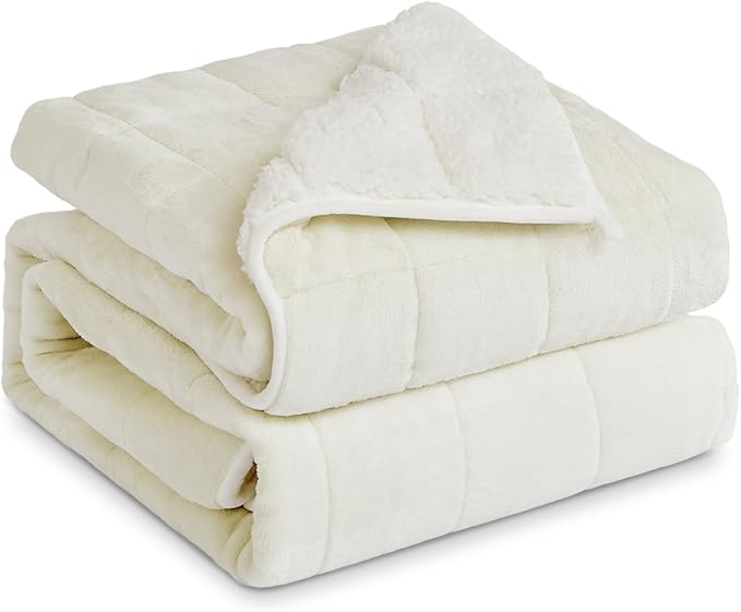 Sherpa Fleece Adult Weighted Blanket, 15 Pounds Dual Sided Soft Plush Blanket for Couch Bed Sofa, Heavy Thick Blankets with Glass Beads Great for Sleep, 60 x 80 inches, Cream White on Both Sides