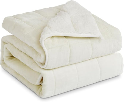 Sherpa Fleece Adult Weighted Blanket, 15 Pounds Dual Sided Soft Plush Blanket for Couch Bed Sofa, Heavy Thick Blankets with Glass Beads Great for Sleep, 48 x 72 inches, Cream White on Both Sides