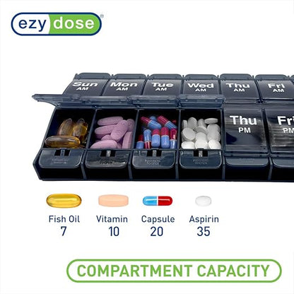 EZY DOSE Push Button (7-Day) Pill Case, Medicine Planner, Vitamin Organizer, 2 Times a Day, AM/PM Container, X-Large Compartments, Arthritis Friendly, Easy to Use, Transparent Lids, Black, BPA Free