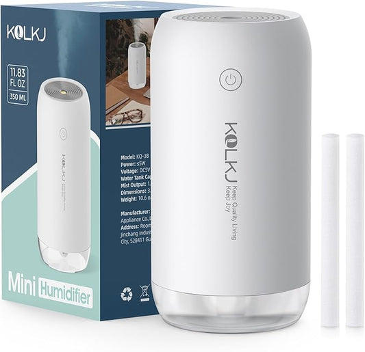 Portable Mini Humidifier, KQLKJ 350ml Small Cool Mist Humidifiers, USB Personal Desktop Humidifier for Bedroom Car Office Travel with Auto Shut-Off & 2 Mist Modes (White)