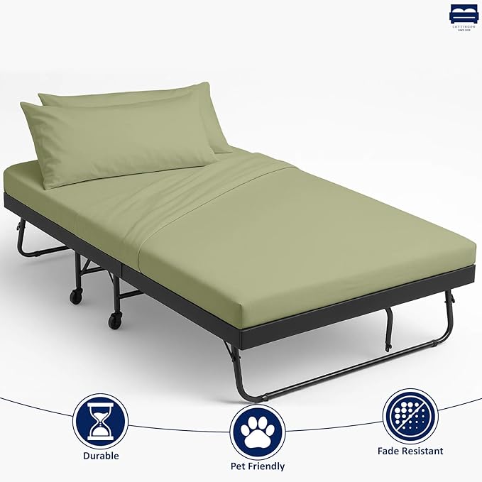 Cottingon 33"x75" Cot Sheet and Pillow Case 4 Piece Set, 100% Egyptain Cotton Soft Bedding Perfect for Rollaway, Folding, Guest Bed Frame, Fits Upto 7" Deep Mattress, Sage Solid