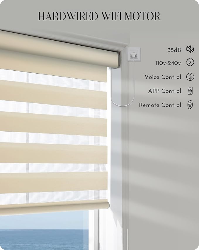 Graywind Motorized Blinds with Remote, Smart Zebra Shades for Windows, Hardwired Roller Blinds Compatible with Apple Homekit, Alexa, Google Home, Custom Size, Wool-Like Beige