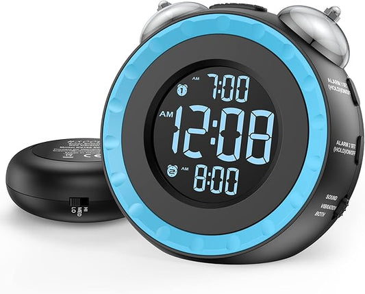 uscce Loud Dual Alarm Clock with Bed Shaker - 0-100% Dimmer, Vibrating Alarm Clock for Heavy Sleepers or Hearing Impaired, Easy to Set, USB Charging Port, Snooze, Battery Backup (Blue)