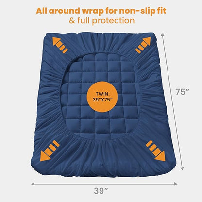 MATBEBY Twin Size Mattress Pad - Cooling Breathable Mattress Topper, Quilted Fitted Mattress Protector, Pillow Top Mattress Cover with 8-21" Deep Pocket, Machine Washable, Navy Blue, 39x75 Inches
