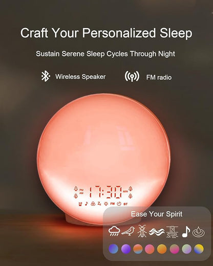 Smart Sunrise Alarm Clock with No Signup APP Control & Wake-Up Light, 4 Alarms, White Noise, FM Radio, Wireless Speaker, Wood Grain