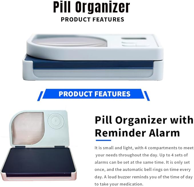 Pill Reminder，Pill Dispenser with Alarm，Equipped with Magnifying Glass，4 Reminder Alarms, Loud Sound,4 Large Compartments Portable Smart Pill Box