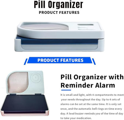 Pill Reminder，Pill Dispenser with Alarm，Equipped with Magnifying Glass，4 Reminder Alarms, Loud Sound,4 Large Compartments Portable Smart Pill Box
