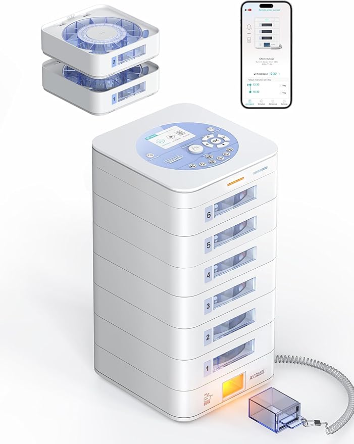 84-Day(1X) Automatic Pill Dispenser – App & On-Device Setup by Family, LCD Display, Digital Lock, Sound & Light Alerts – Safe Medication Organizer Management for Seniors (6-Tray, White)