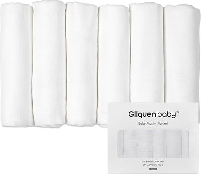 GLLQUEN BABY Receiving Blanket Boy Cotton Muslin Swaddle Blankets Girl Newborn Squares Breathable & Soft Thin Baby Blankets Cloths Double Absorbent Infant Swaddling Wrap - 6 Pack (White)