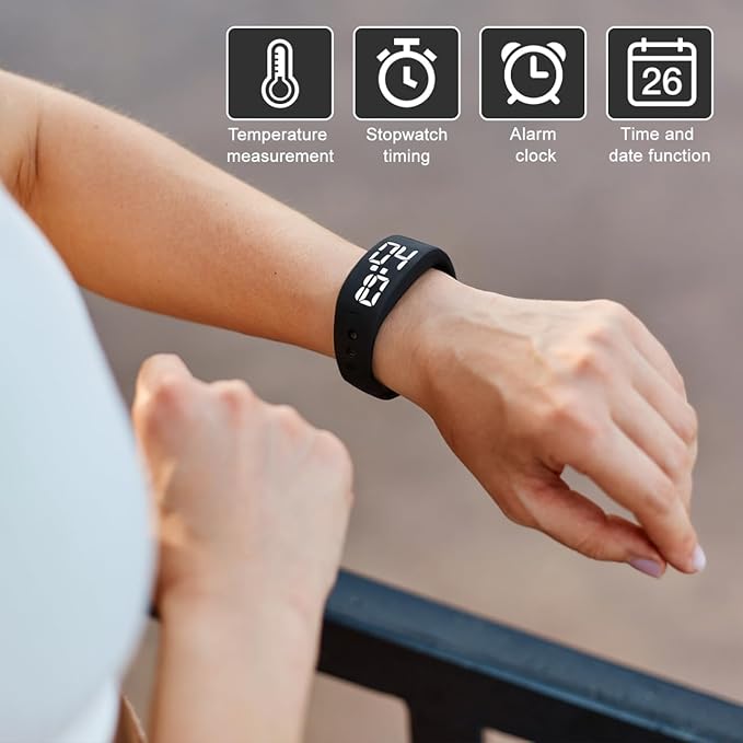 Vibrating Alarm Wristband Bracelet with Pedometer Sleep Vibration Alarm Black Accurate Step Counting Real Temperature LED Display for Fitness Tracking