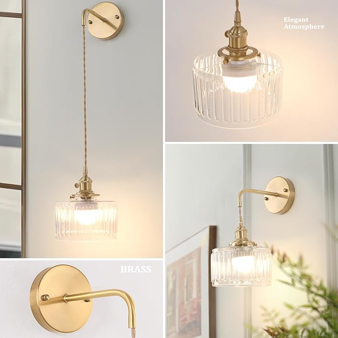 Battery Operated Wall Sconce with Clear Striped Shade Pattern Glass Adjustable Chain Retro Gold Wall Mounted Light, Modern Wall Decor for Bedside Bedroom Indoor Doorway， Set of 2
