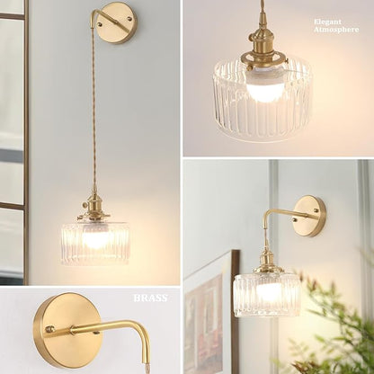 Battery Operated Wall Sconce with Clear Striped Shade Pattern Glass Adjustable Chain Retro Gold Wall Mounted Light, Modern Wall Decor for Bedside Bedroom Indoor Doorway， Set of 2