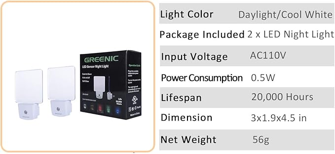 2 Pack 0.5W Plug in LED Night Light with Dusk to Dawn Sensor Daylight Cool White