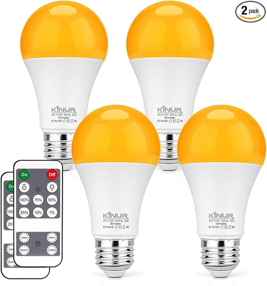 KINUR Amber Sleep Light Bulbs, 1600K, Blue Light Blocking A19, 9W Night Light for, Livingroom, Bedroom, Bathroom, Hallway, Stairs, Kitchen,4 Pack with 2 Remote Control