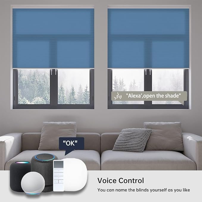 Motorized Cellular Shades with Remote, Light Filtering Smart Cellular Shades Compatible with Alexa, Honeycomb Window Blinds for Bedroom Home Office, Custom Size, Half Shading Blue