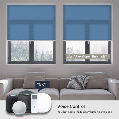 Motorized Cellular Shades with Remote, Light Filtering Smart Cellular Shades Compatible with Alexa, Honeycomb Window Blinds for Bedroom Home Office, Custom Size, Half Shading Blue