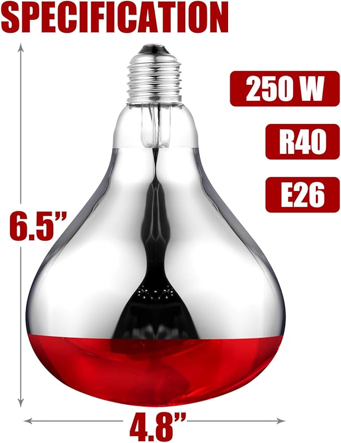 250W R40 Red Heat Lamp Bulbs, 8000 Hours Rated, Infrared Flood Light, Brooder Heating Lamp for Chickens, Reptiles, Pets, Bathroom, E26 Base - 2 Pack