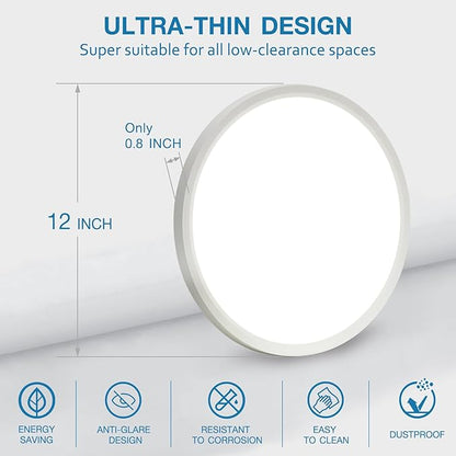 12 Inch Dimmable LED Flush Mount Ceiling Light 2 Pack, 24W=2400LM, Low Profile Ceiling Light with 3 CCT (3000K/4000K/5000K), 5%-100% Dimming for Bedroom, Basement & Closets, White