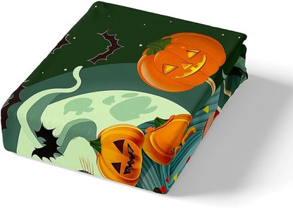 Happy Halloween Green Bedding Set Full Size,Sweet Candy Pumpkin Cake Dessert Trippy Fitted Sheet,Glitter Moon Mystic Bat Cat Animal Sheet Set for Kids Teens Adults Bedroom Decor,2 Pillowcases