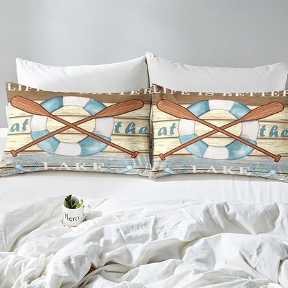 Lake House Fishing Kids Fitted Sheet Full Size,Adventure Camping Boating Nature Bedding Set,Boys Girls Room Decor,Woode Plank Rustic Retro Bed Cover,Blue Beige Bed Sheet,2 Pillowcases(No Top Sheet)
