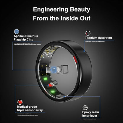 Smart Ring for Women Men- Sleep/Fitness/Stress/Heart Rate Tracker- Menstrual Records - 7 Days Battery Life - Wireless Charging - No APP Subscription - iOS & Android Compatible (Black, Size 10)