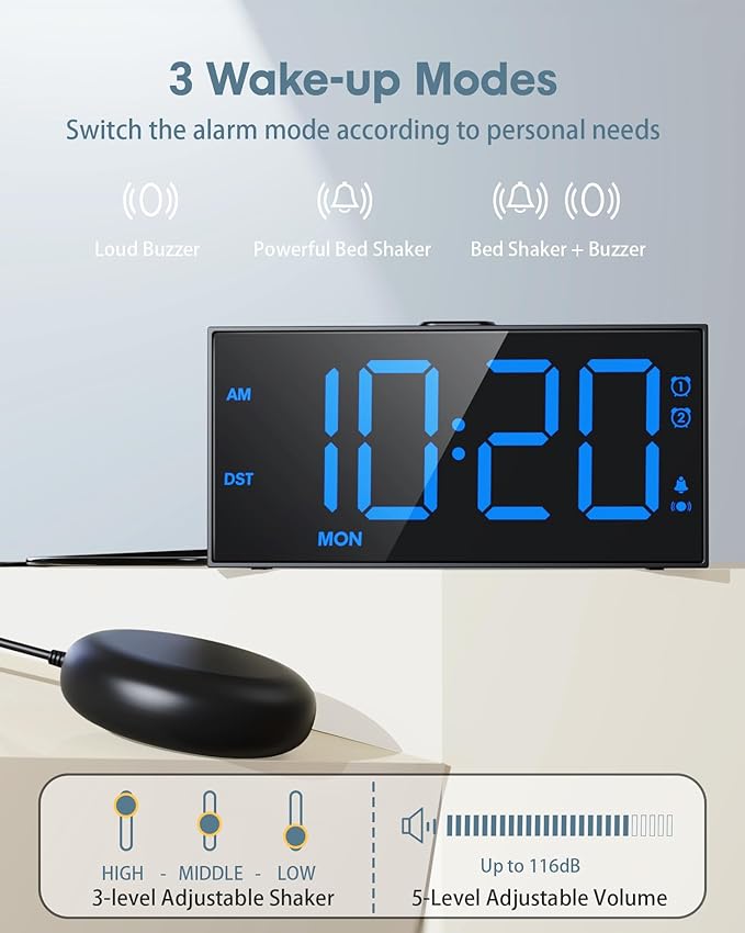 Roxicosly Vibrating Alarm Clock with Bed Shaker for Heavy Sleepers Adults, Dual Alarms for Weekday & Weekend, Large Display, Snooze, USB Charging Port, 12/24H DST