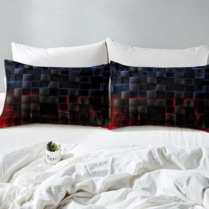 Manfei Blue and Red Sheet Set King Size, Abstract Geometric Bed Sheet Set 4pcs with Deep Pocket Fitted + Flat + 2 Pillowcases, Black Square Lattice Bedding Set for Kids Boys Girls Room Decor