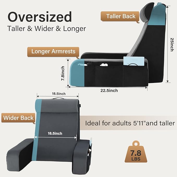 Vekkia 25" Extra-Large Reading Pillow for Tall Adults – 60° Ergonomic Wedge Back Pillow with Built-in Armrests, Adjustable Headrest & Large Pockets – Ideal for Sitting in Bed, Reading, TV, and Gaming