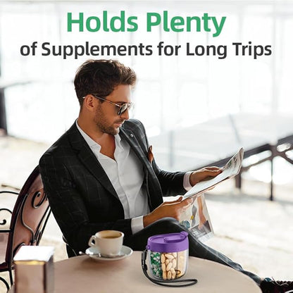 PULIV Portable Pill Dispenser Bottle, Vitamin Organizer with 7 Compartments, Holds Plenty of Supplements with Anti-Mixing & Wide Openings Design, Easy to Retrieve Meds, Includes 20 Labels Dark Purple
