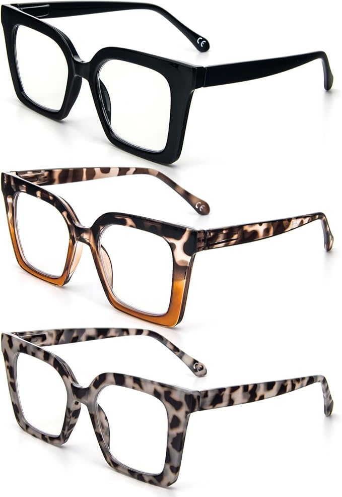 KoKoBin 3 Pack Stylish Square Frame Oprah Style Reading Glasses for Women, Blue Light Blocking Comfortable Readers