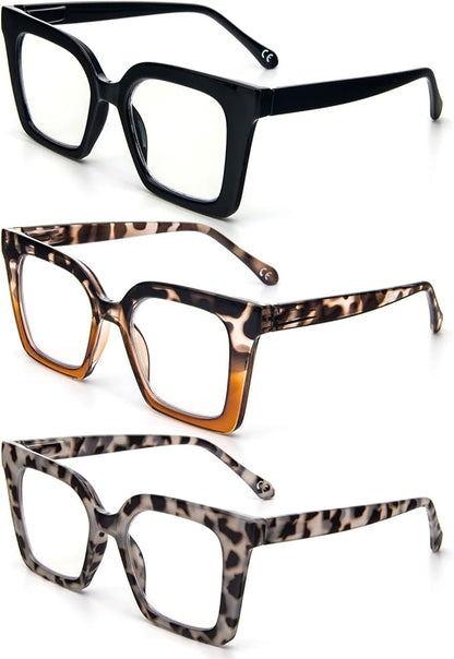 KoKoBin 3 Pack Stylish Square Frame Oprah Style Reading Glasses for Women, Blue Light Blocking Comfortable Readers