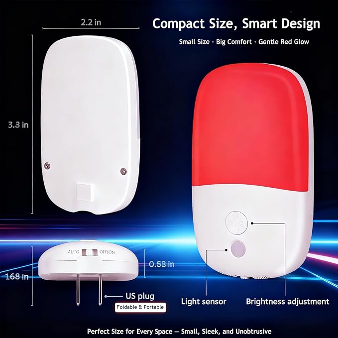 670nm Red Night Light for Sleep Therapy, Auto On/Off Dimmable Night Lights with Dusk to Dawn Sensor, LED Night Light Plug into Wall Promotes Melatonin Natural Sleep for Baby Nursery Kids Adult Bedroom