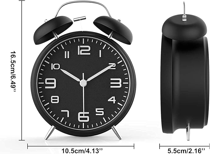 Loud Alarm Clock for Heavy Sleepers Adults, Metal 4 Inches Twin Bell Battery Operated Alarm Clocks for Bedrooms Decoration, Silent Non-Ticking Back-to-School Gift (Black)