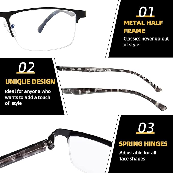 FONHCOO Reading Glasses for Women Men, Blue Light Blocking Reading Glasses Metal Half Frame Computer Readers Anti UV/Glare