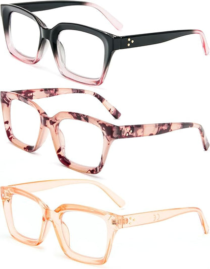 REAVEE 3 Pack Oprah Style Oversized Reading Glasses for Women Men Blue Light Blocking, Ladies Stylish RetroSquare Large Computer Readers (Pink Leopard/Black Pink/Tea 1.0x)