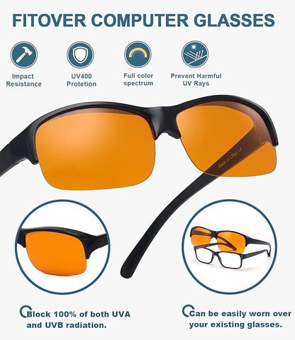 BLUELESS Computer Fit over Glasses with Orange Tinted Sleep Glasses, Black