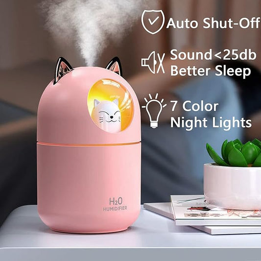 Small Humidifier Cute Portable Cool Mist 300ML 7 Color Night Light USB Air Humidifier for Bedroom Office Desk Car Plants Travel (Pink)