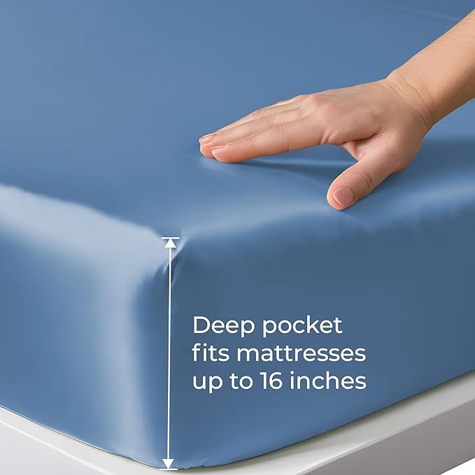 LINENWALAS Fitted Sheet Only Viscose Derived from Bamboo, Bottom Sheet for California King Size Bed – 16” Deep Pocket, Snug Fit – Cooling, Breathable, Soft, Hypoallergenic (Bahamas Blue, Cal King)