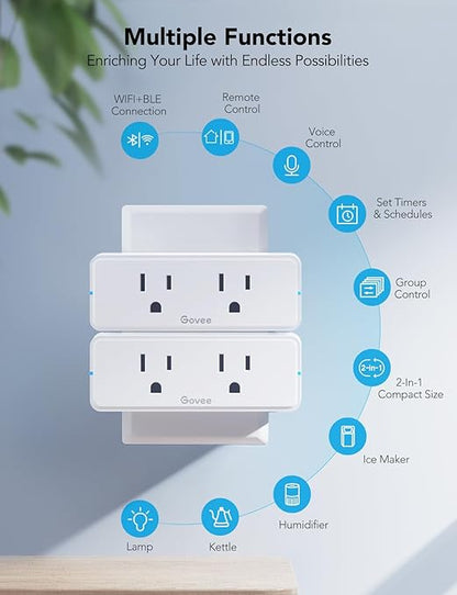 Govee Dual Smart Plug 4 Pack, 15A WiFi Bluetooth Outlet, Work with Alexa and Google Assistant, 2-in-1 Compact Design, Govee Home App Control Remotely with No Hub Required, Timer, FCC and ETL Certified