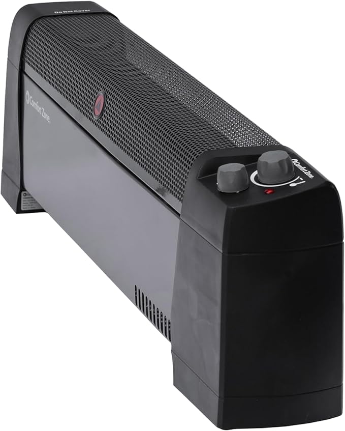 Comfort Zone 1500W Convection Baseboard Heater – Silent Portable Electric Space Heater with Adjustable Thermostat, 2 Heat Settings & Safety Tip-Over Switch – Black