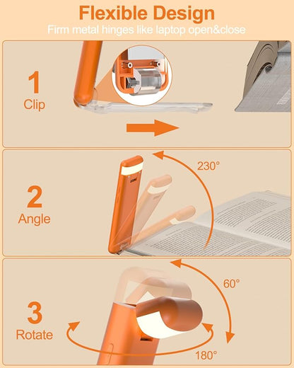 Reading Light,Rechargeable Book Light for Reading in Bed,Upgraded Portable Clip-on LED Bookmark Lamp with Damping Hinge,Long Lasting,3 Colors&5 Brightness&Timer for Book Lovers,Kids(Orange)