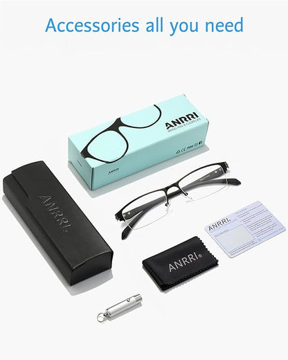 ANRRI Blue Light Glasses for Men Semi Rimless Rectangle Metal Frame UV Blocking Computer Glasses