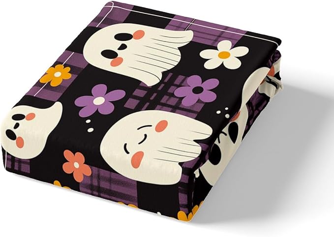 Halloween Ghosts Cute Fitted Sheet Queen Size,Cartoon Ghost Groovy Daisy Flowers Graffiti Soft Bed Cover(1 Fitted Sheet+1 Pillow Case),Black Purple Plaids Patchwork Breathable Mattress Cover